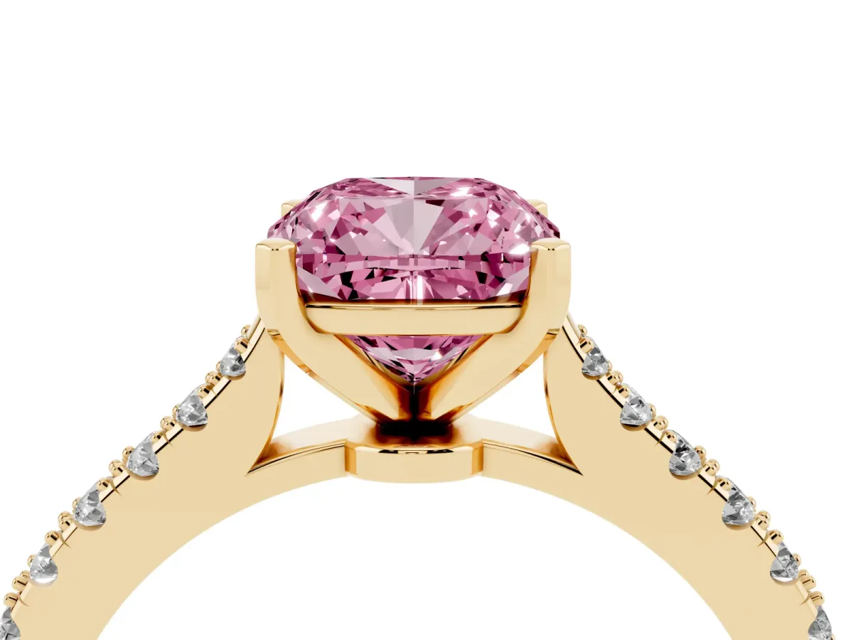 Fancy Pink Cushion Cut Cut Solitaire Diamond Engagement Ring with Pave Band and Four-Prong Setting Yellow gold