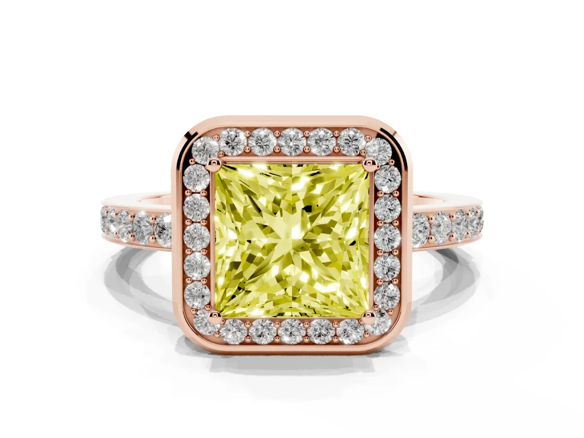 Fancy Yellow Princess Cut Diamond Halo Ring with Bezel Frame and Pavé Band Rose gold