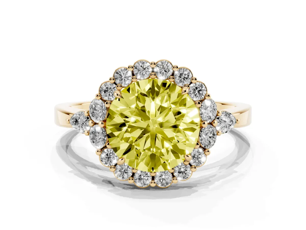 Fancy Yellow Round Cut Diamond Halo Ring with Pear Side Stones and Prong Setting Yellow gold