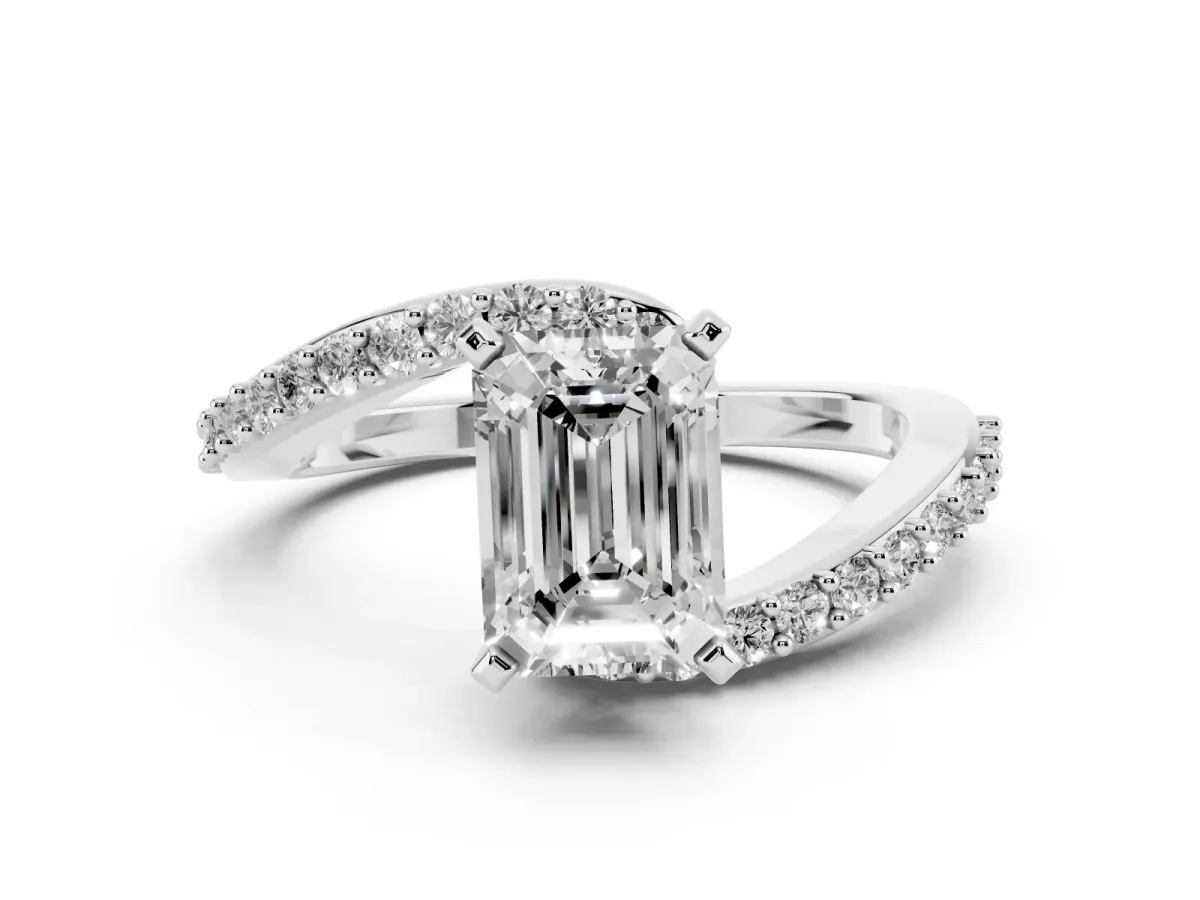 Emerald Cut Solitaire Twist Band with Pave Set Diamonds and Four-Prong Setting Silver