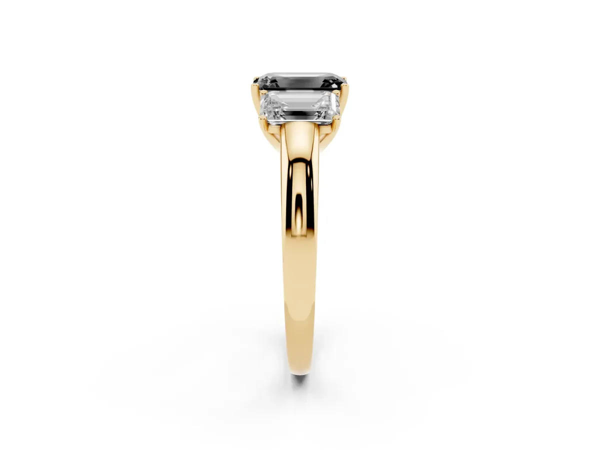 Fancy Black Emerald Cut Diamond Three-Stone Ring with Four-Prong Setting and Classic Band Yellow gold