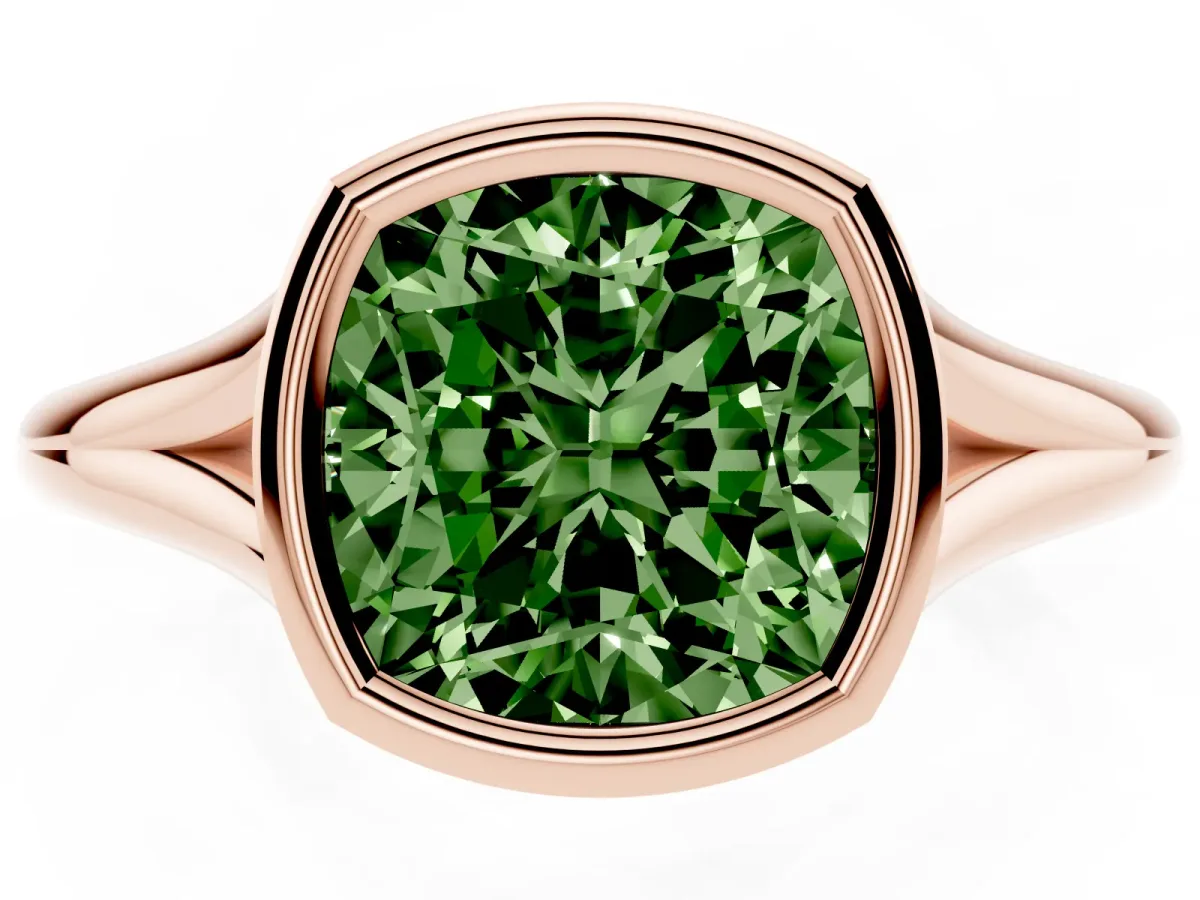Fancy Green Bezel Set Cushion Cut Cut Solitaire Ring with Tapered Band Rose gold