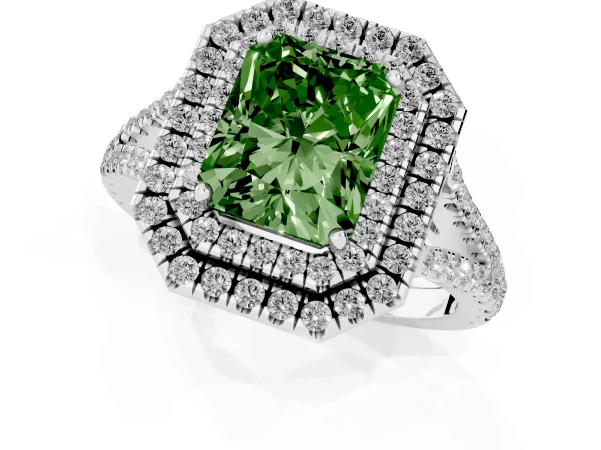 Fancy Green Radiant Cut Diamond Double Halo Ring with Pavé Band and Prong Setting Platinum