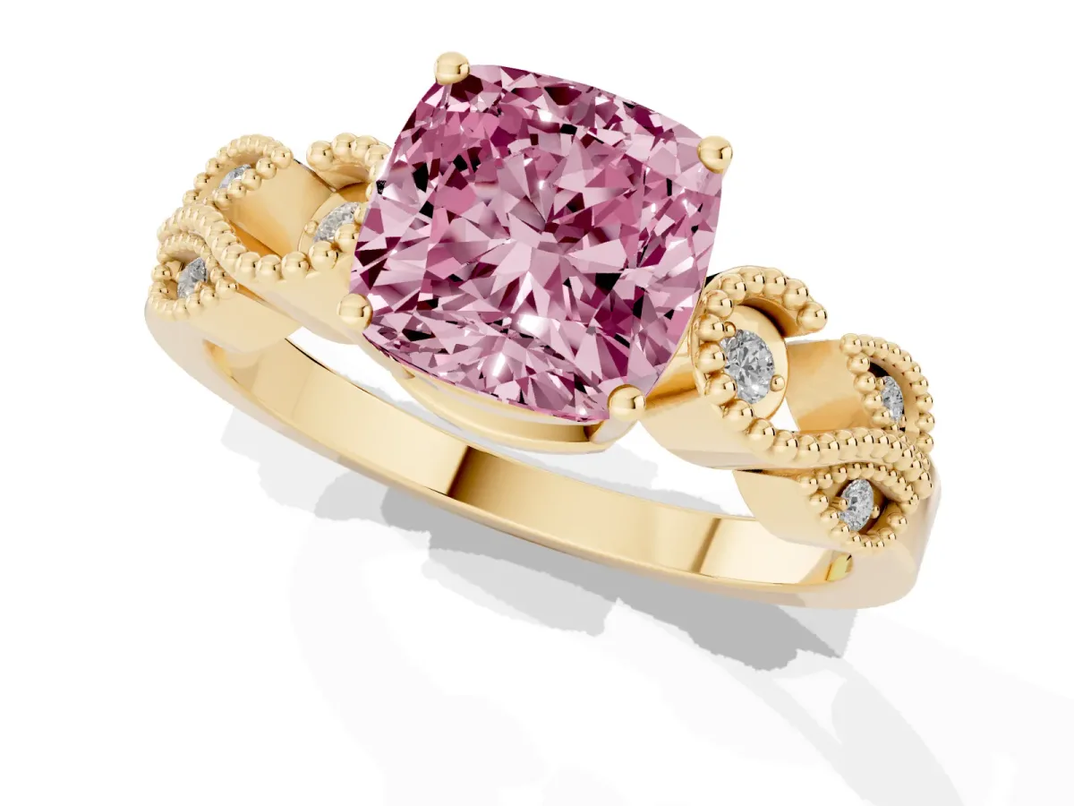 Fancy Pink Cushion Cut Solitaire Milgrain Leaf Band with Prong Setting Yellow gold