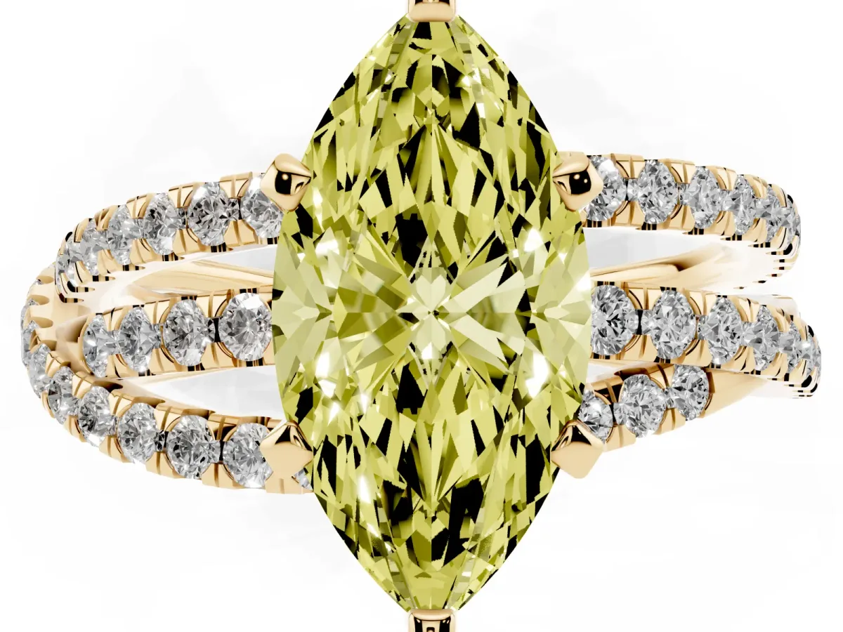 Fancy Yellow Marquise Cut Solitaire Twist Band with Pavé Setting and Four-Prong Setting Yellow gold