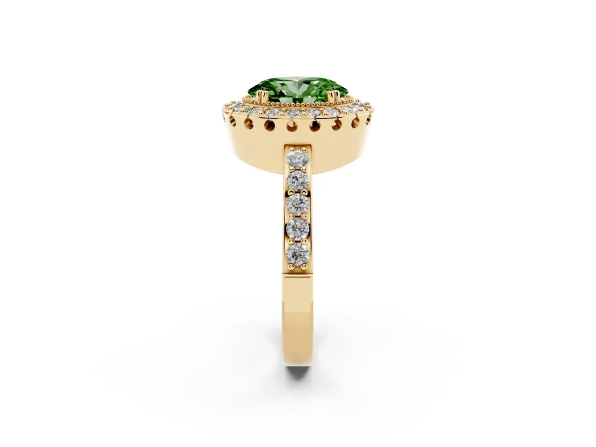 Fancy Green Oval Cut Diamond Halo Ring with Pavé Band and Prong Setting Yellow gold
