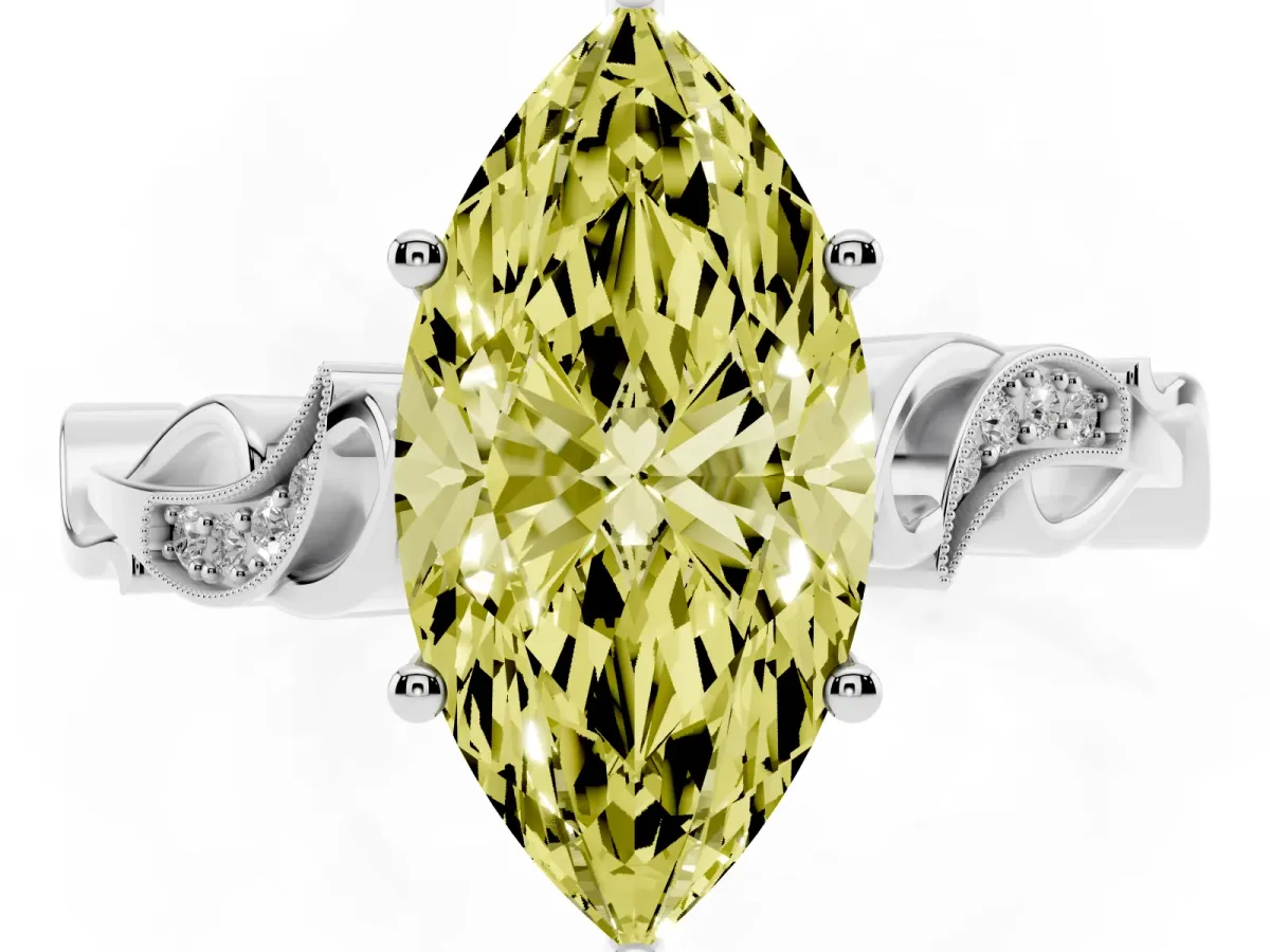 Fancy Yellow Marquise Cut Solitaire Vine Band with Milgrain Prong Setting Silver