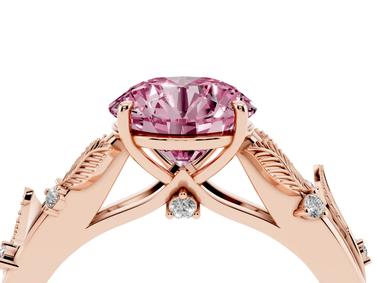 Fancy Pink Round Cut Diamond Solitaire Ring with Leaf Motif Band and Four-Prong Setting Rose gold