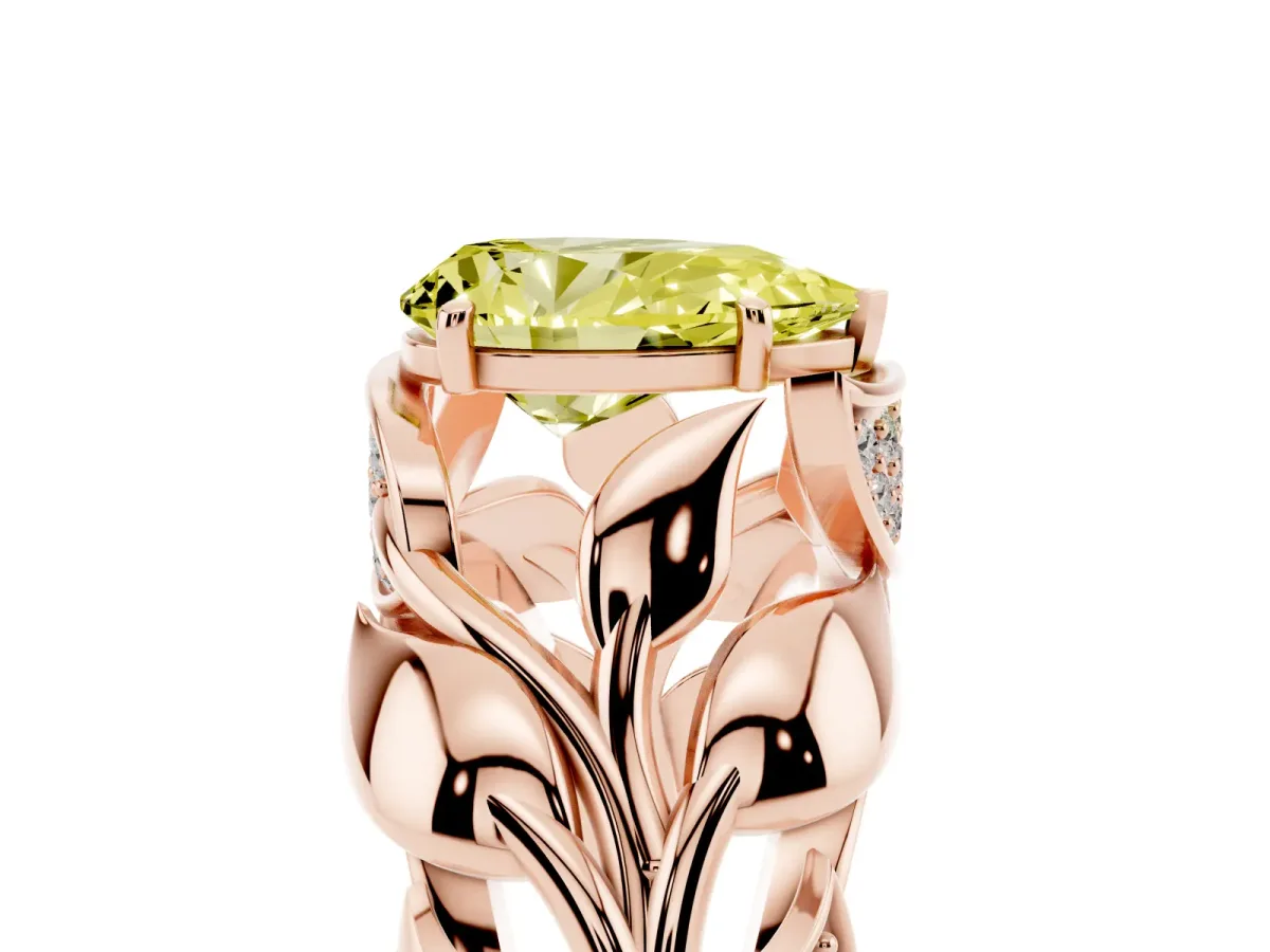 Fancy Yellow Pear Cut Diamond Leaf-Inspired Engagement Ring with Round Accents and Prong Setting Rose gold