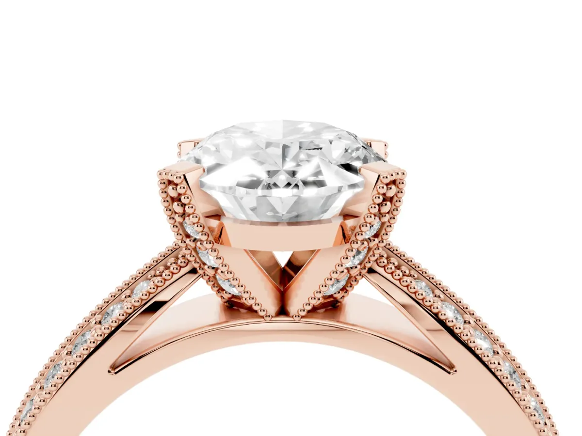 Oval Cut Diamond Solitaire Ring with Milgrain Round Pavé Band and Prong Setting Rose gold