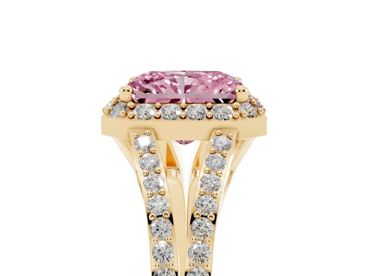 Fancy Pink Radiant Cut Halo Split Shank Pave Diamond Ring with Four-Prong Setting Yellow gold