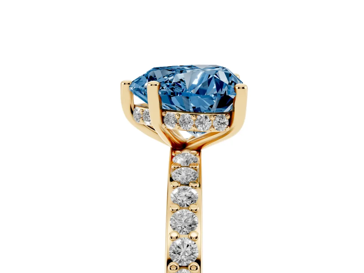 Fancy Blue Heart Cut Cut Diamond Pavé Band Ring with Four-Prong Setting Yellow gold