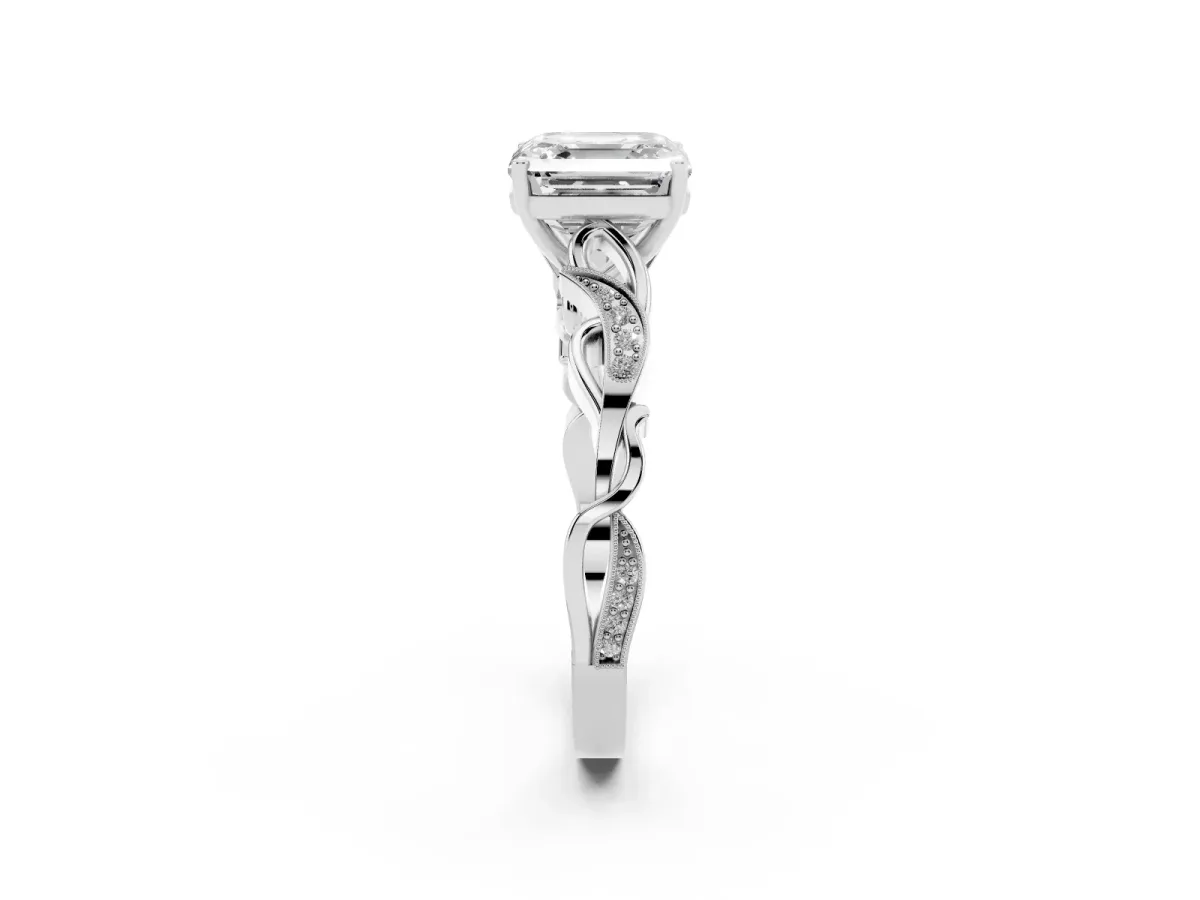 Asscher Cut Solitaire Vine Band with Milgrain Prong Setting Platinum