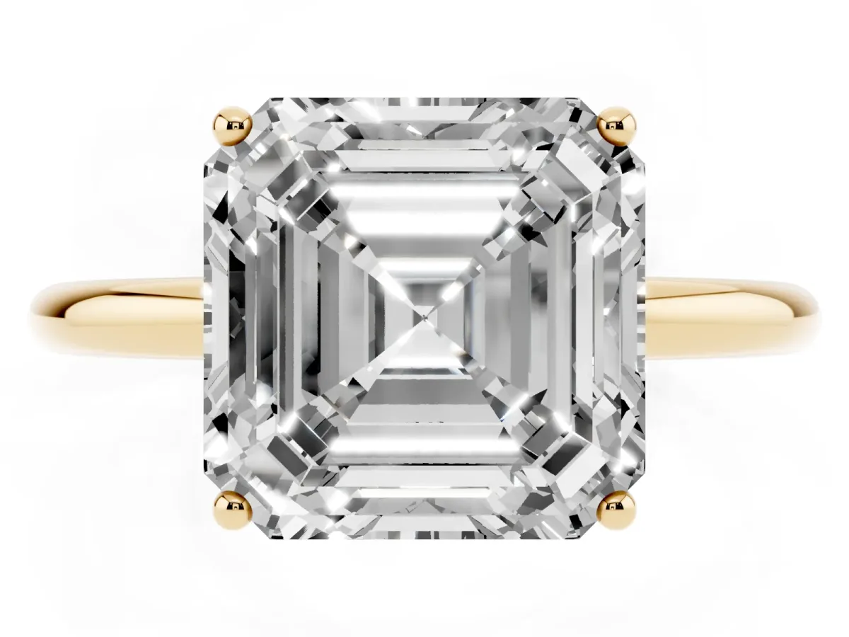 Asscher Cut Solitaire Diamond Ring with a Classic Band and Four-Prong Setting Yellow gold