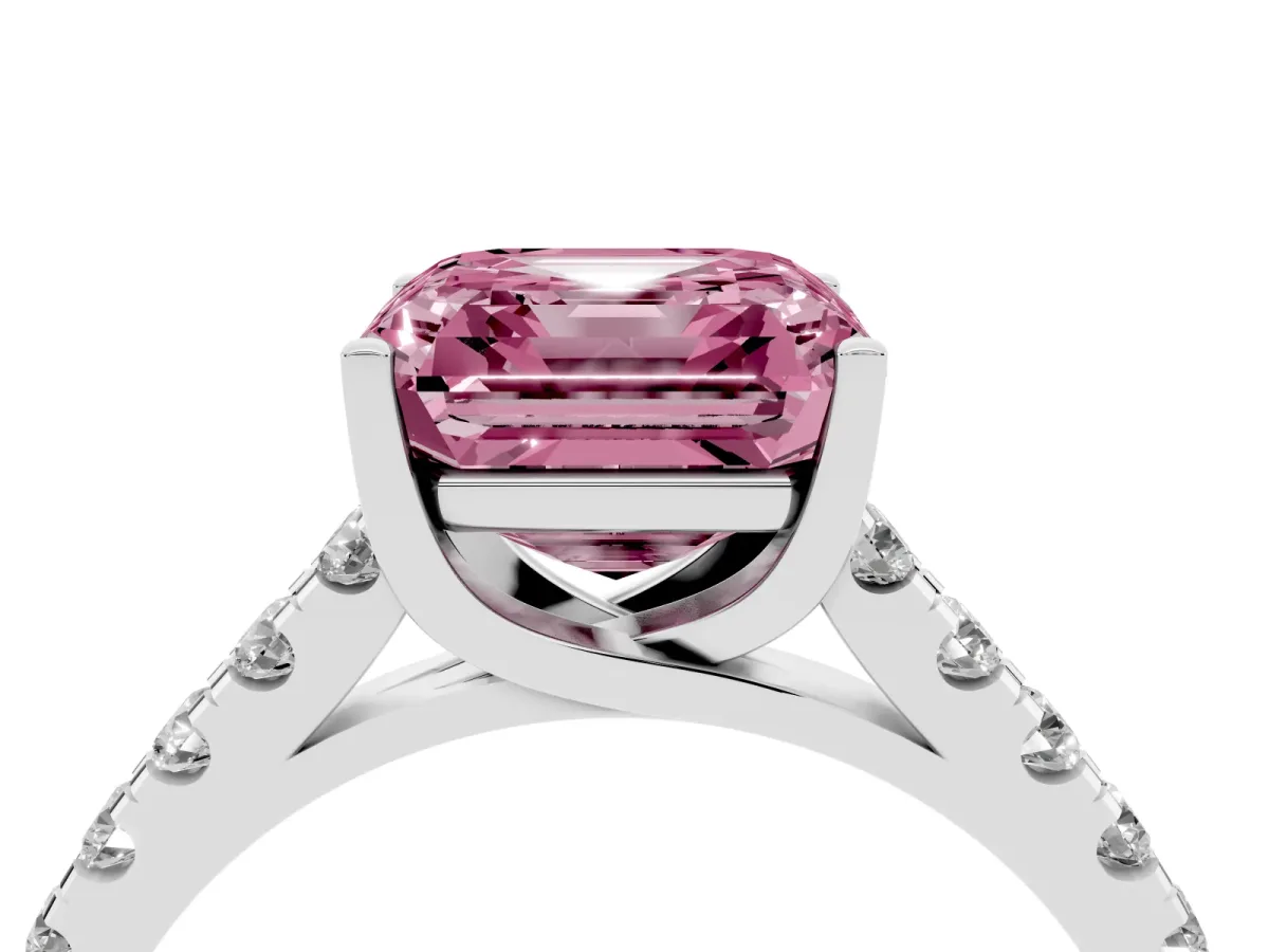 Fancy Pink Asscher Cut Diamond Pavé Band Solitaire Ring with Prong Setting Platinum