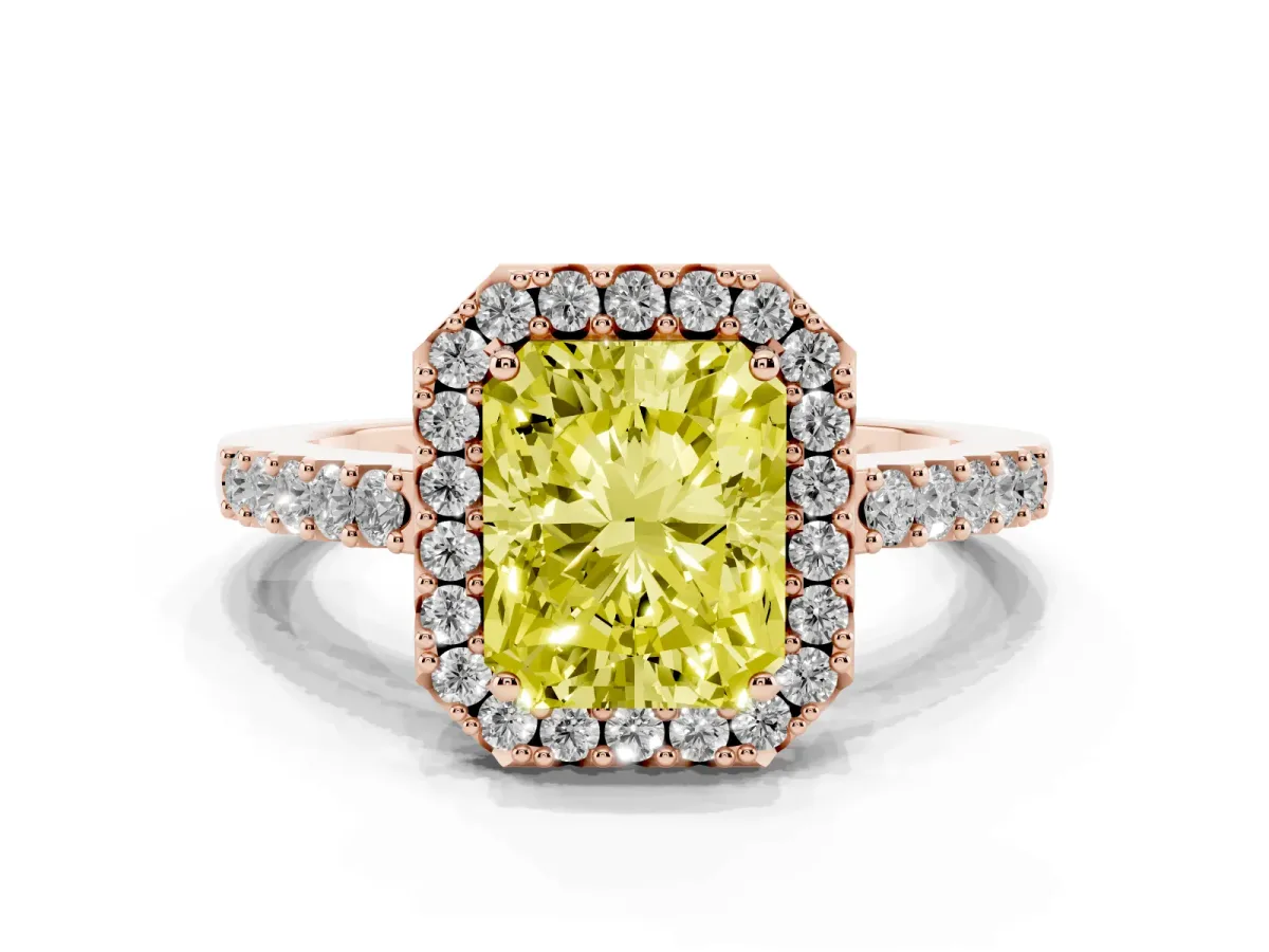 Fancy Yellow Radiant Cut Halo Diamond Pavé Solitaire Ring Rose gold