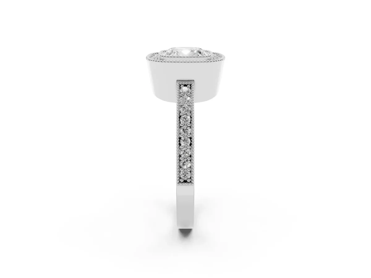 Cushion Cut-Cut Diamond Halo Engagement Ring with Pave Band and Prong Setting Platinum