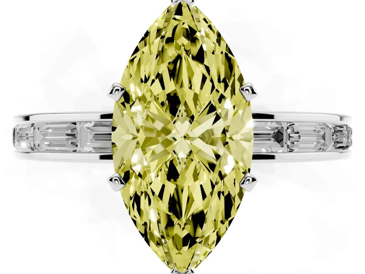 Fancy Yellow Marquise Cut Solitaire Diamond Ring with Channel-Set Baguette Band and Four-Prong Setting Silver