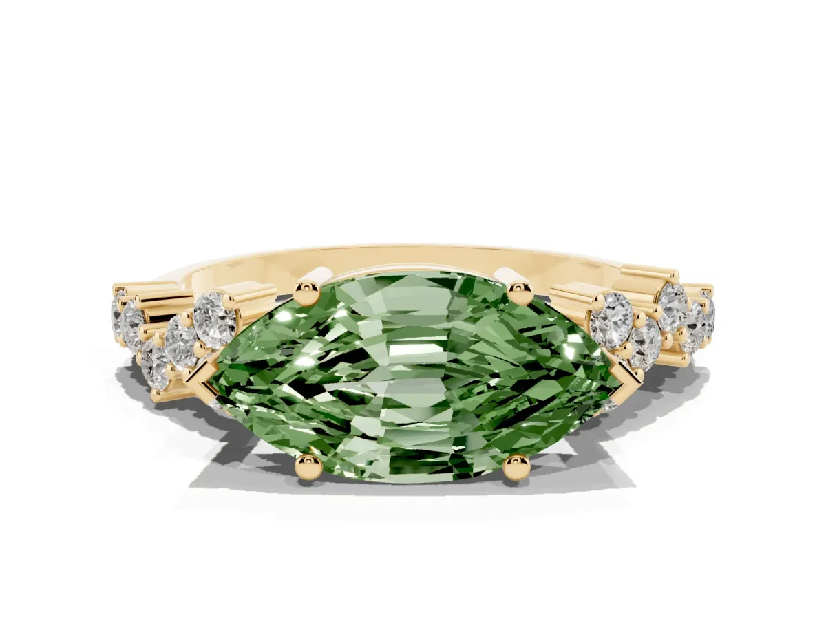 Fancy Green Marquise Cut Diamond Scattered Round Accent Ring with Prong Setting Yellow gold