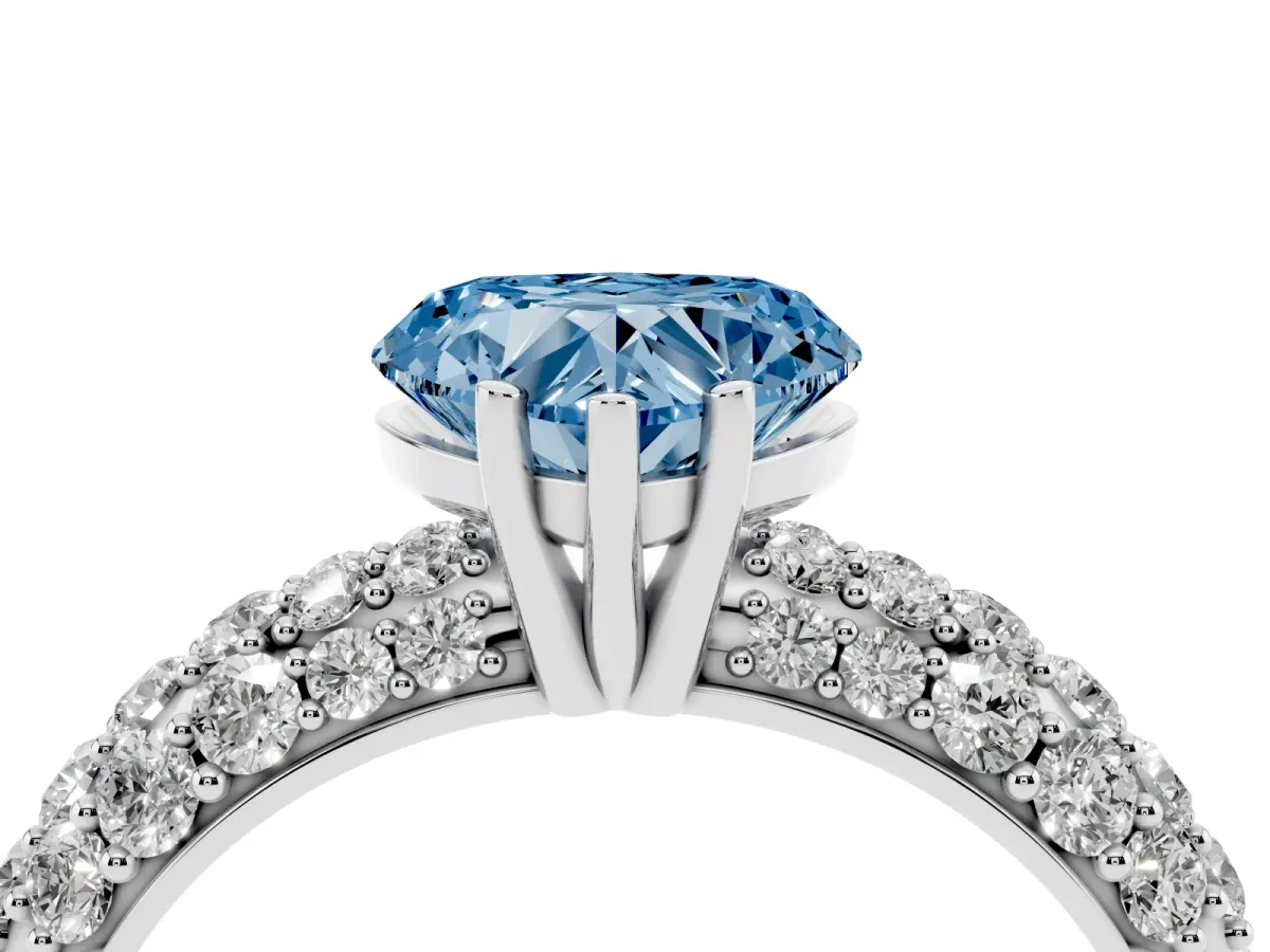 Fancy Blue Heart Cut Diamond Pavé Band Solitaire Ring with Four-Prong Setting Silver