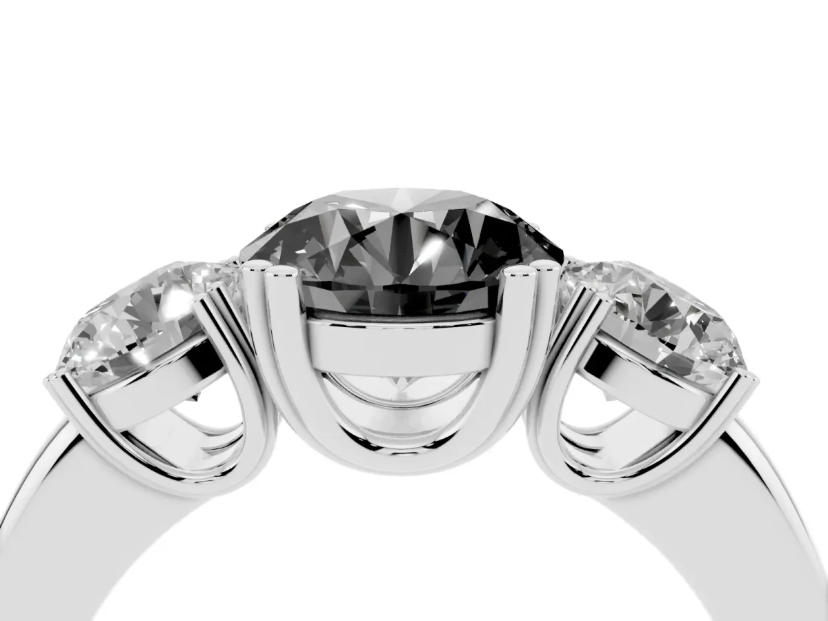 Fancy Black Three-Stone Round Cut Cut Diamond Ring with Channel Set Band and Four-Prong Setting Platinum