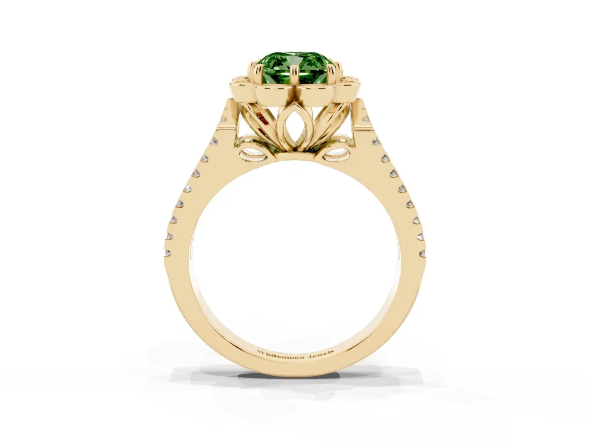 Fancy Green Cushion Cut Halo Diamond Floral Split Shank Engagement Ring Yellow gold