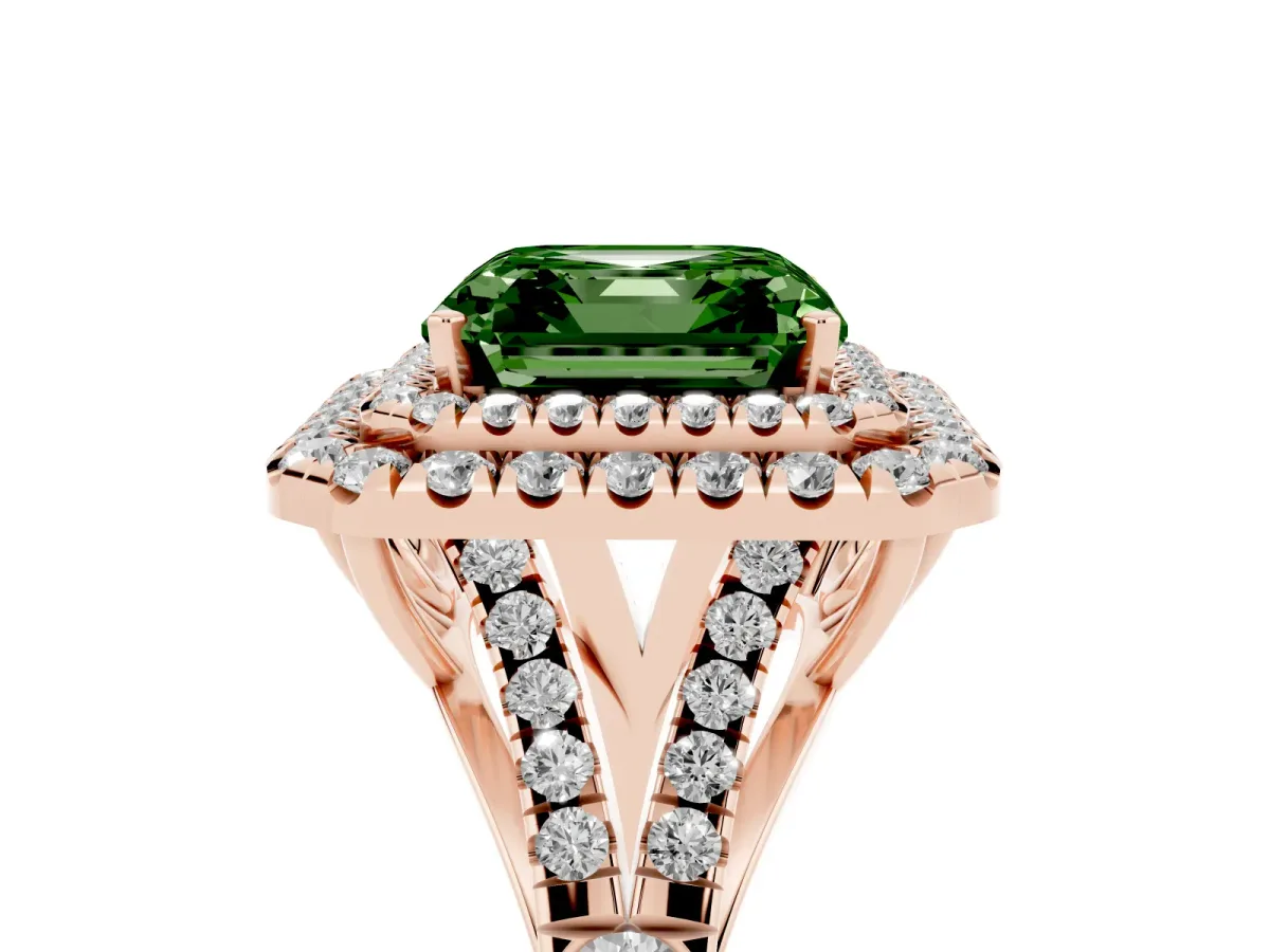 Fancy Green Asscher Cut Cut Double Halo Split Shank Diamond Ring with Prong Setting Rose gold