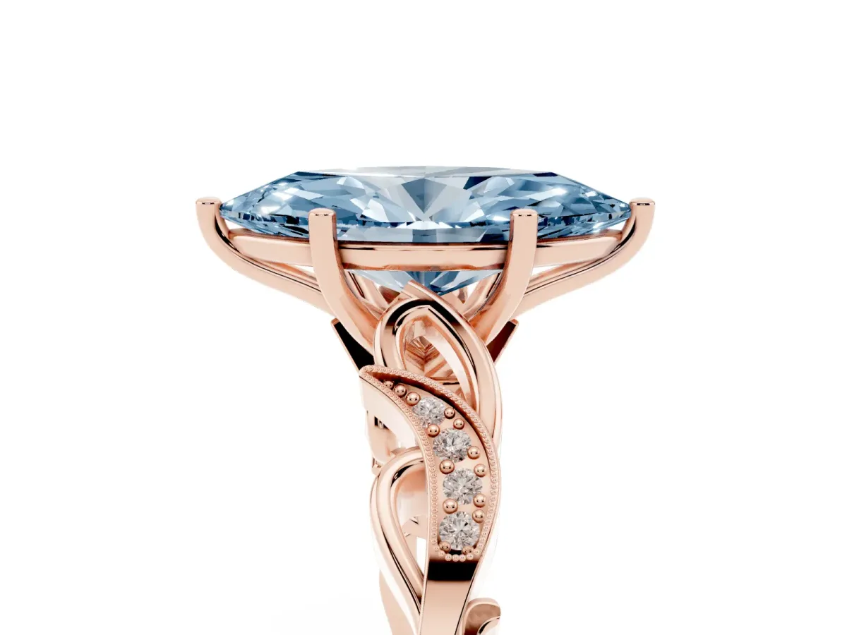 Fancy Blue Marquise Cut Solitaire Vine Band with Milgrain Prong Setting Rose gold