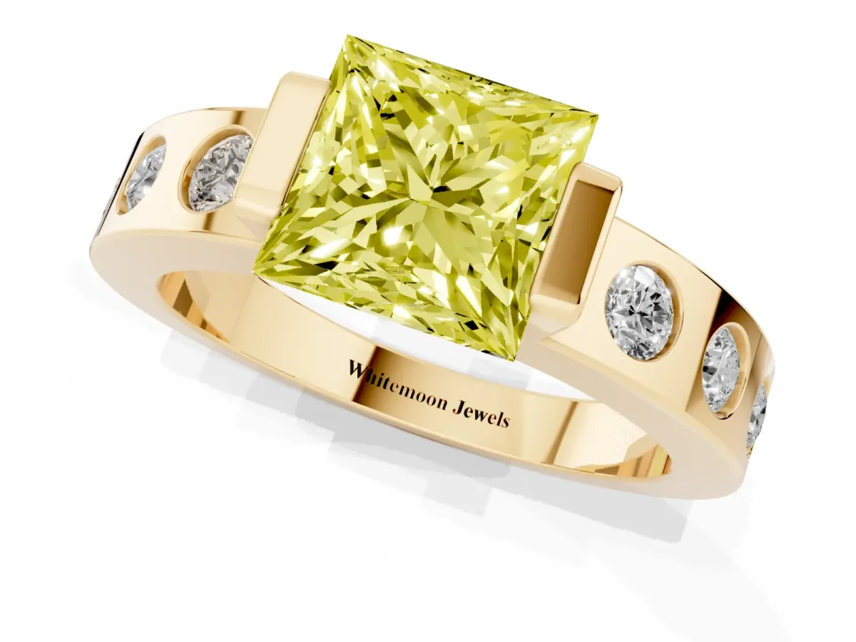 Fancy Yellow Princess Cut Brilliant Channel-Set Diamond Ring with Bezel Prong Setting Yellow gold