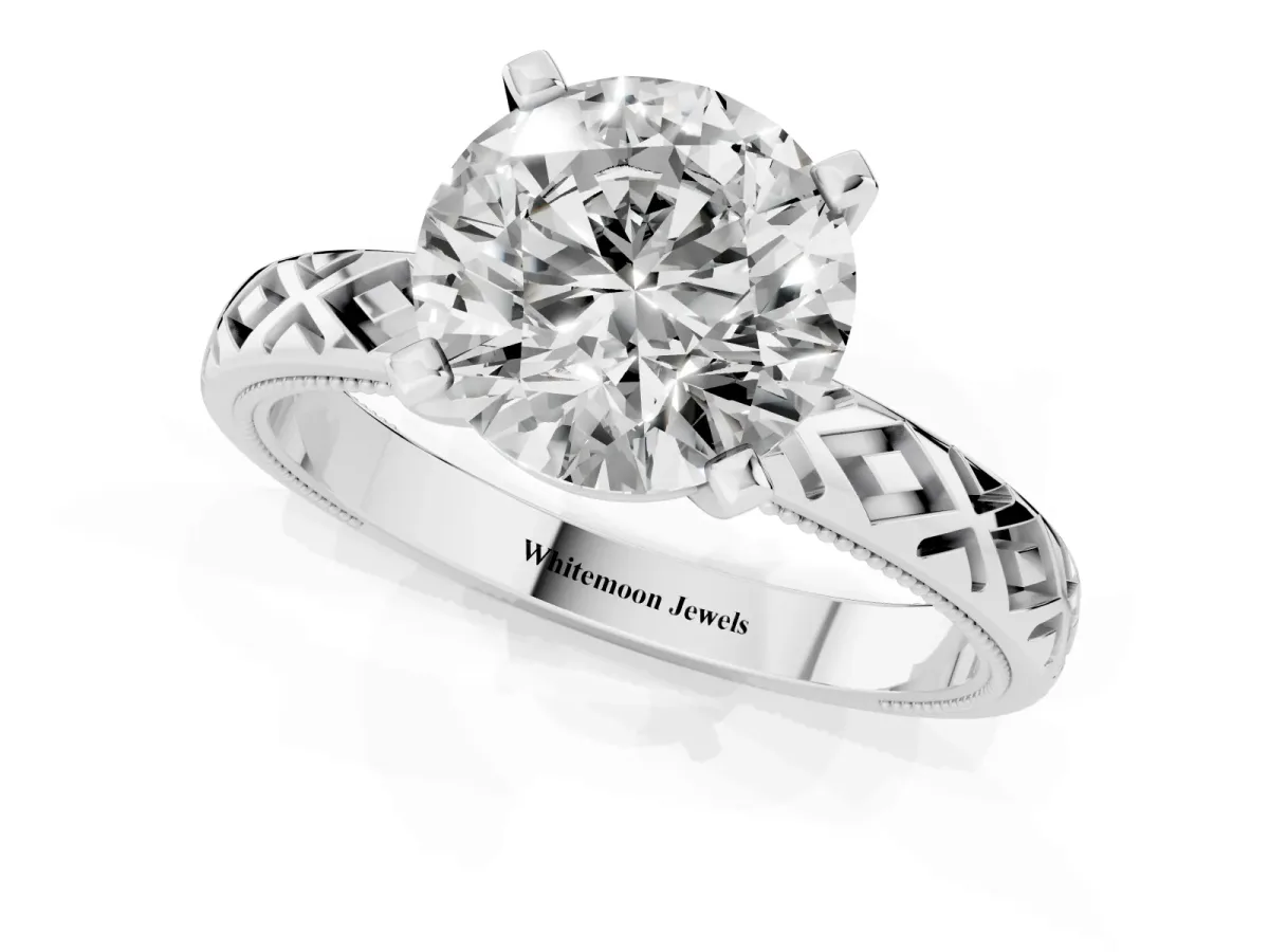 Round Cut Solitaire Diamond Ring with Milgrain and Black Enamel X Pattern Band Silver