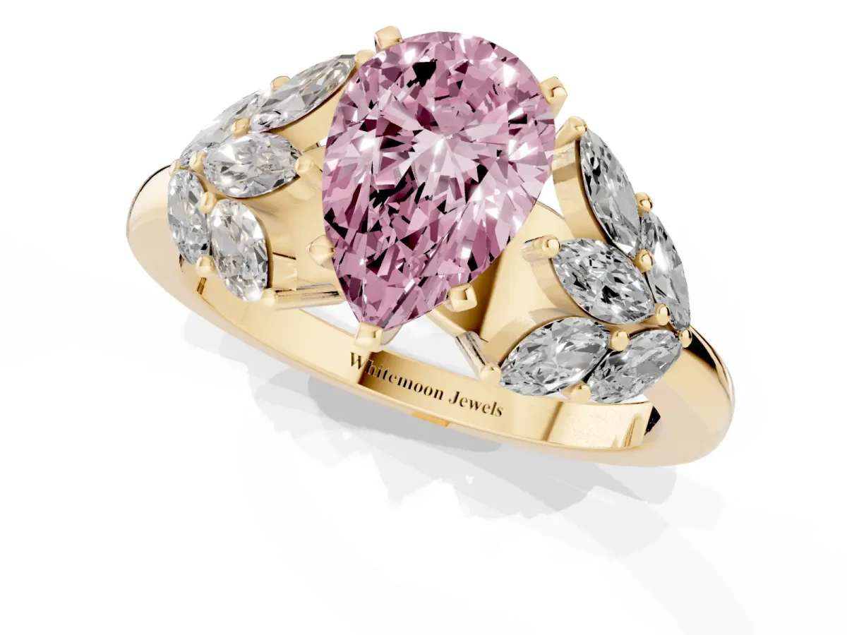 Fancy Pink Pear Cut Diamond Cluster Leaf Design Ring with Prong Setting Yellow gold