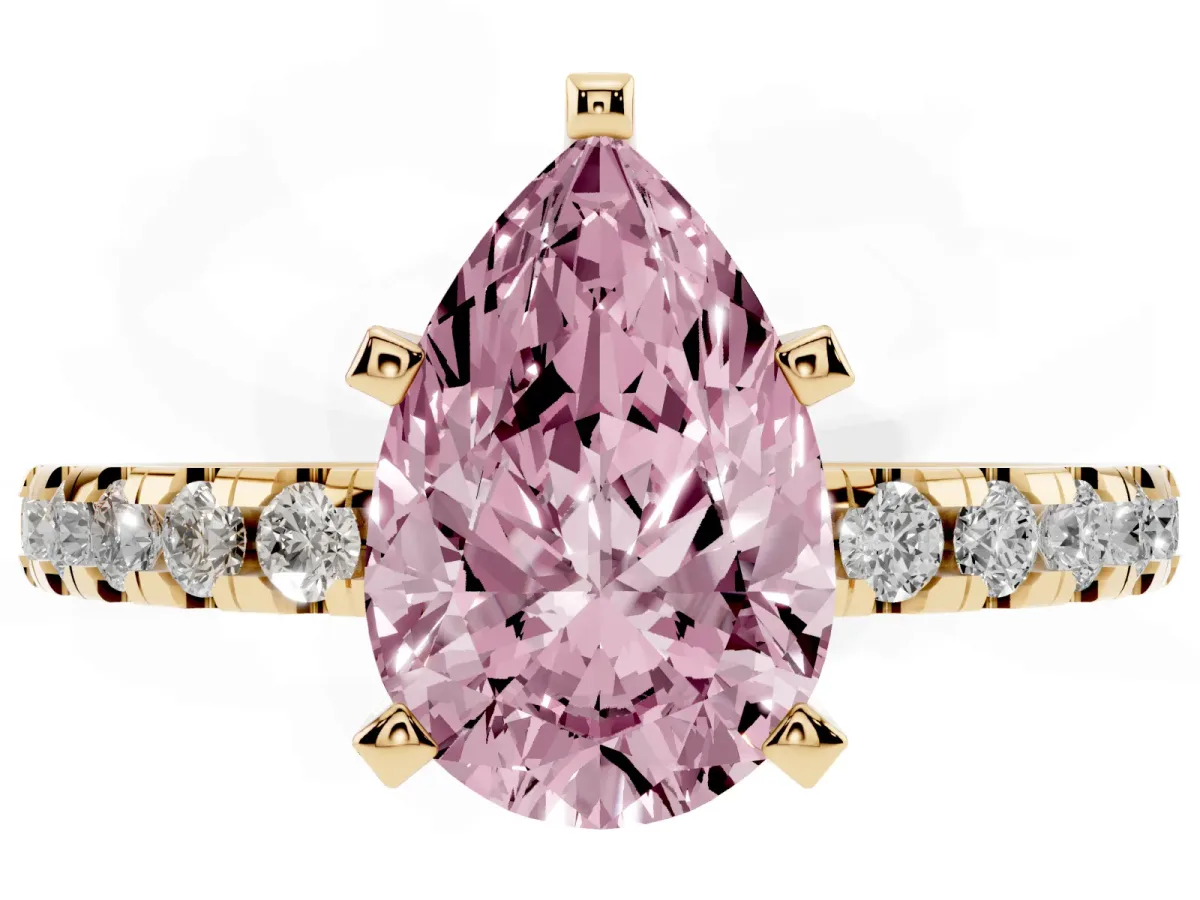 Fancy Pink Pear Cut Diamond Solitaire Ring with Round Pavé Band and Four-Prong Setting Yellow gold