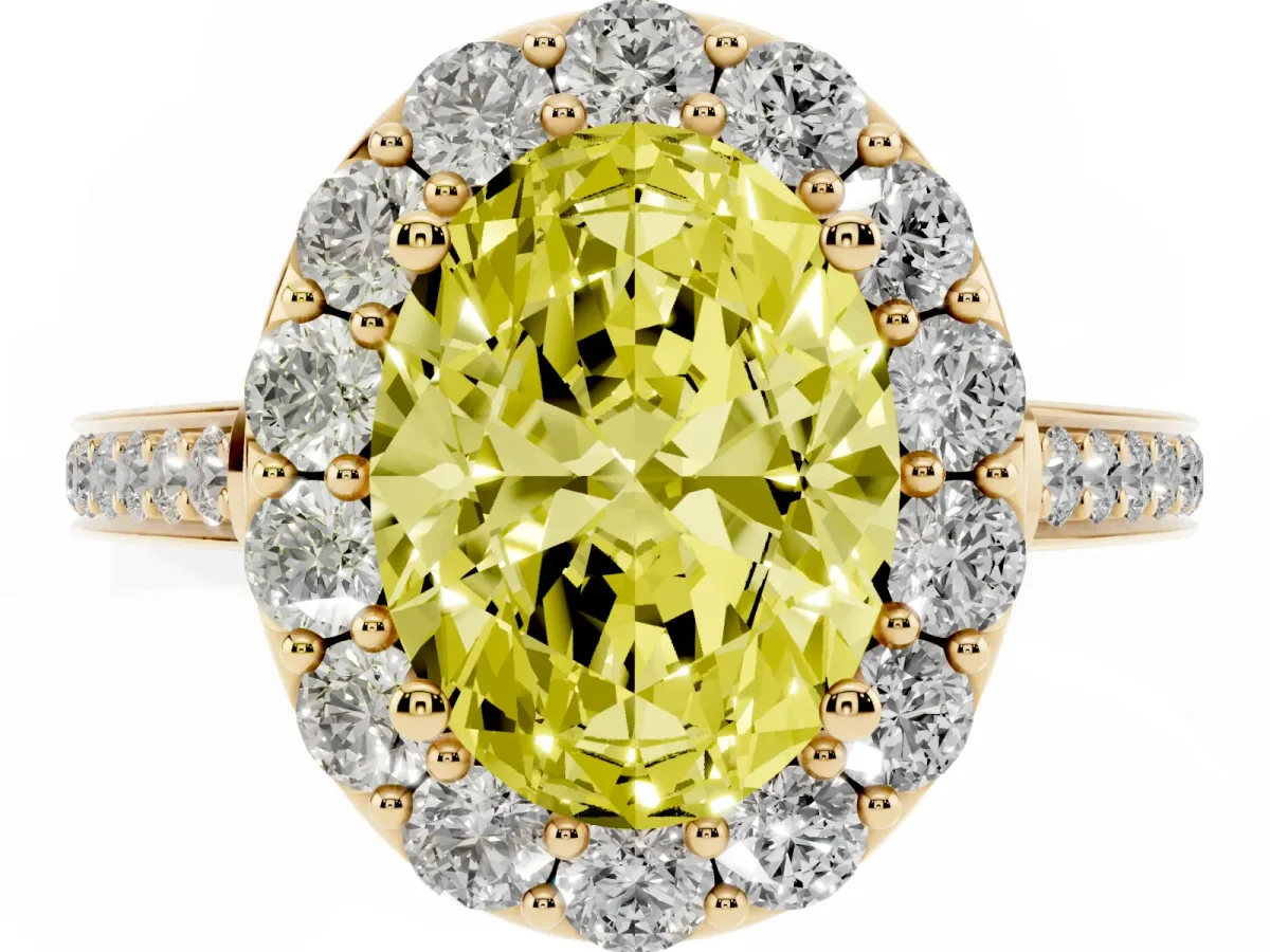 Fancy Yellow Oval Cut Diamond Floral Halo Ring with Pavé Band and Prong Setting Yellow gold