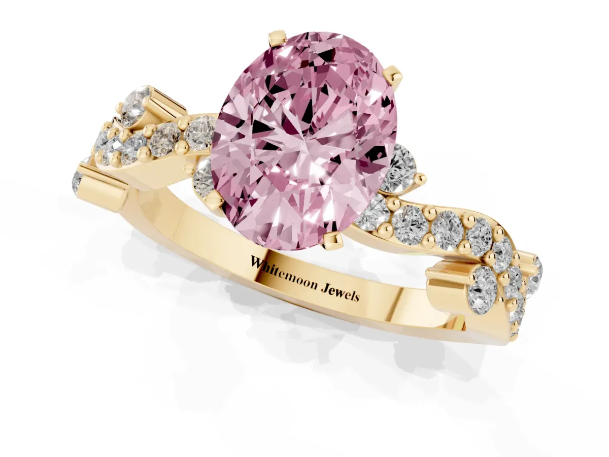 Fancy Pink Oval Cut Cut Solitaire Diamond Twisted Band with Pave Setting Yellow gold