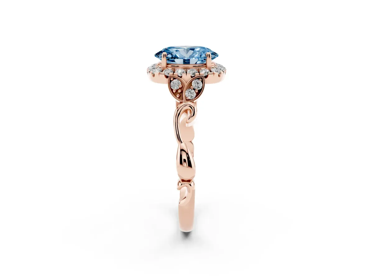 Fancy Blue Oval Cut Halo Diamond Engagement Ring with Vintage-Inspired Band and Four-Prong Setting Rose gold