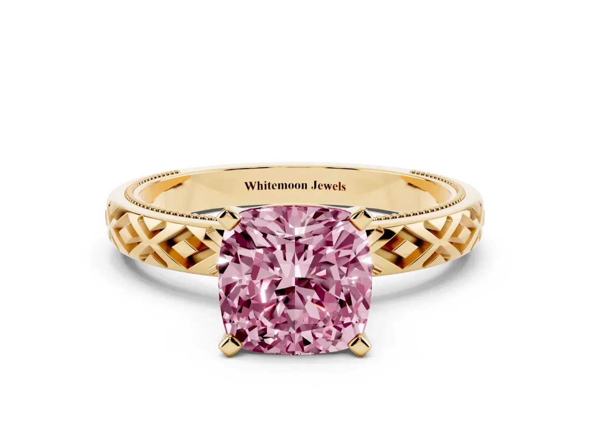 Fancy Pink Cushion Cut Solitaire Diamond Ring with Milgrain and Black Enamel X Pattern Band Yellow gold