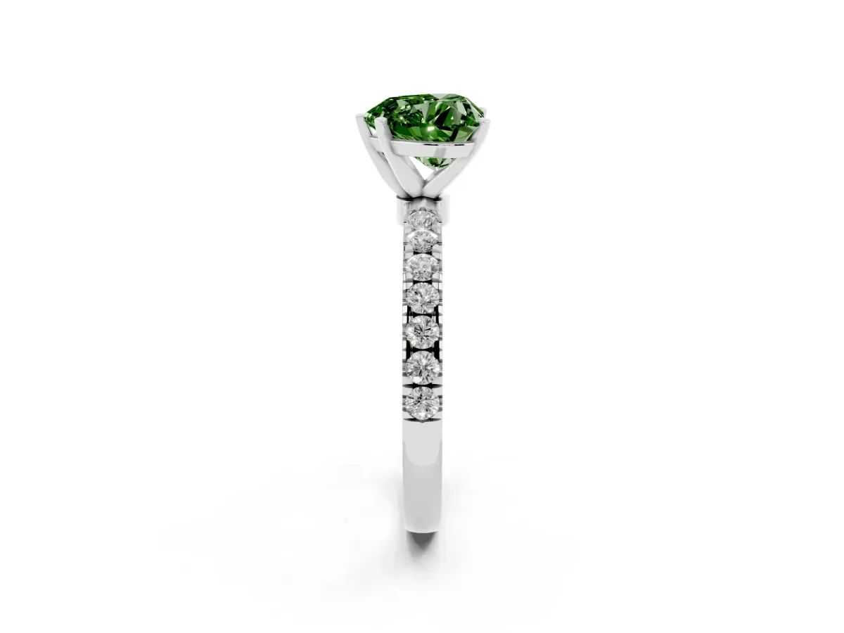 Fancy Green Heart Cut Diamond Solitaire Ring with Pavé Accents and Four-Prong Setting Platinum