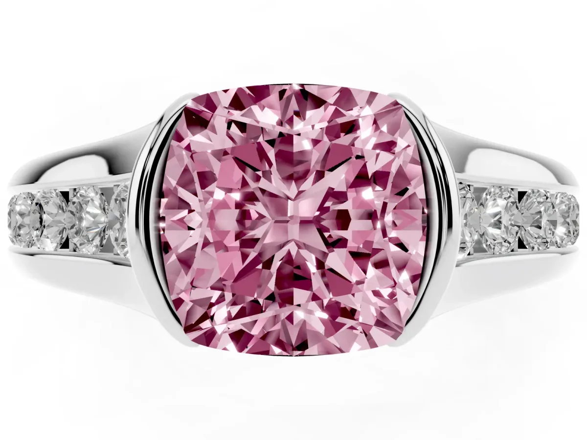 Fancy Pink Cushion Cut Solitaire Bezel-Set Diamond Ring with Channel-Set Band Silver