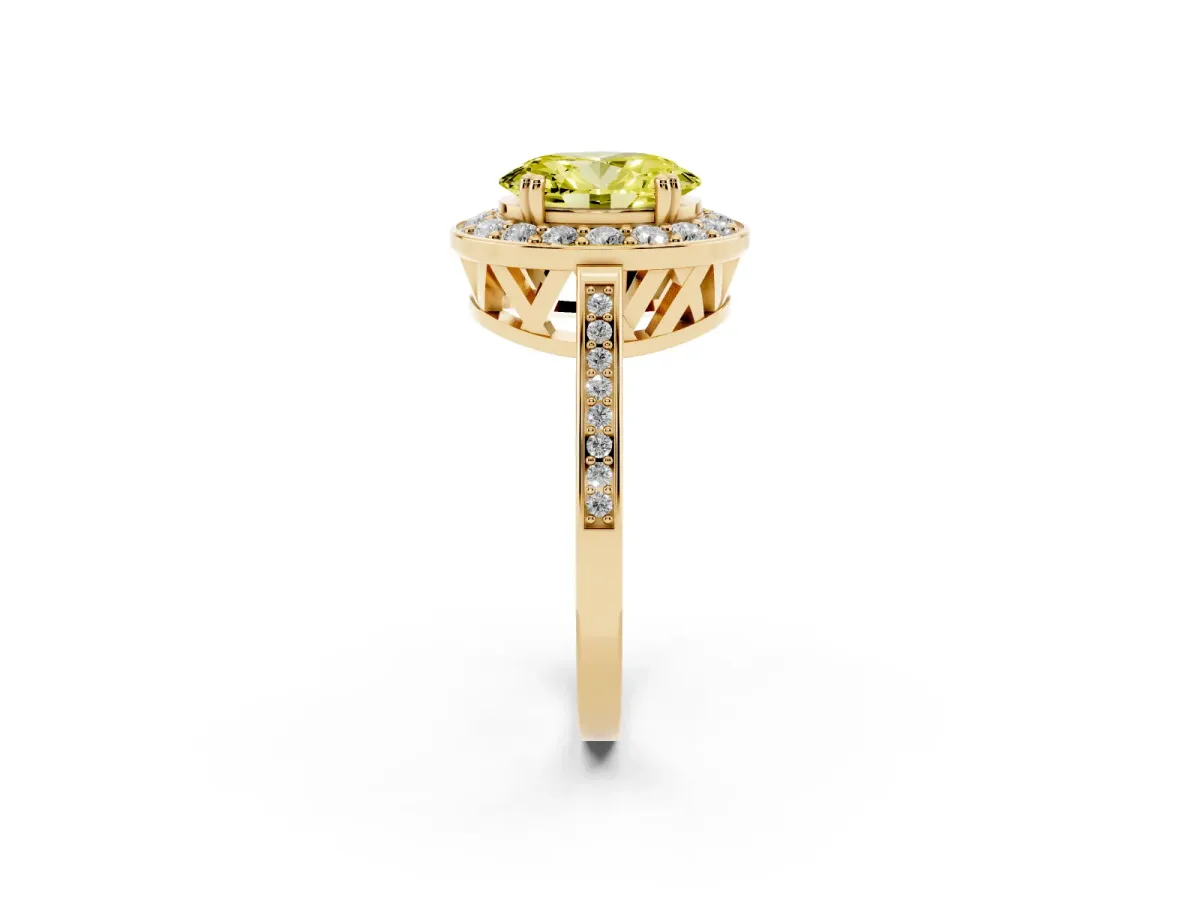 Fancy Yellow Oval Cut Diamond Halo Ring with Split Shank and Four-Prong Setting Yellow gold