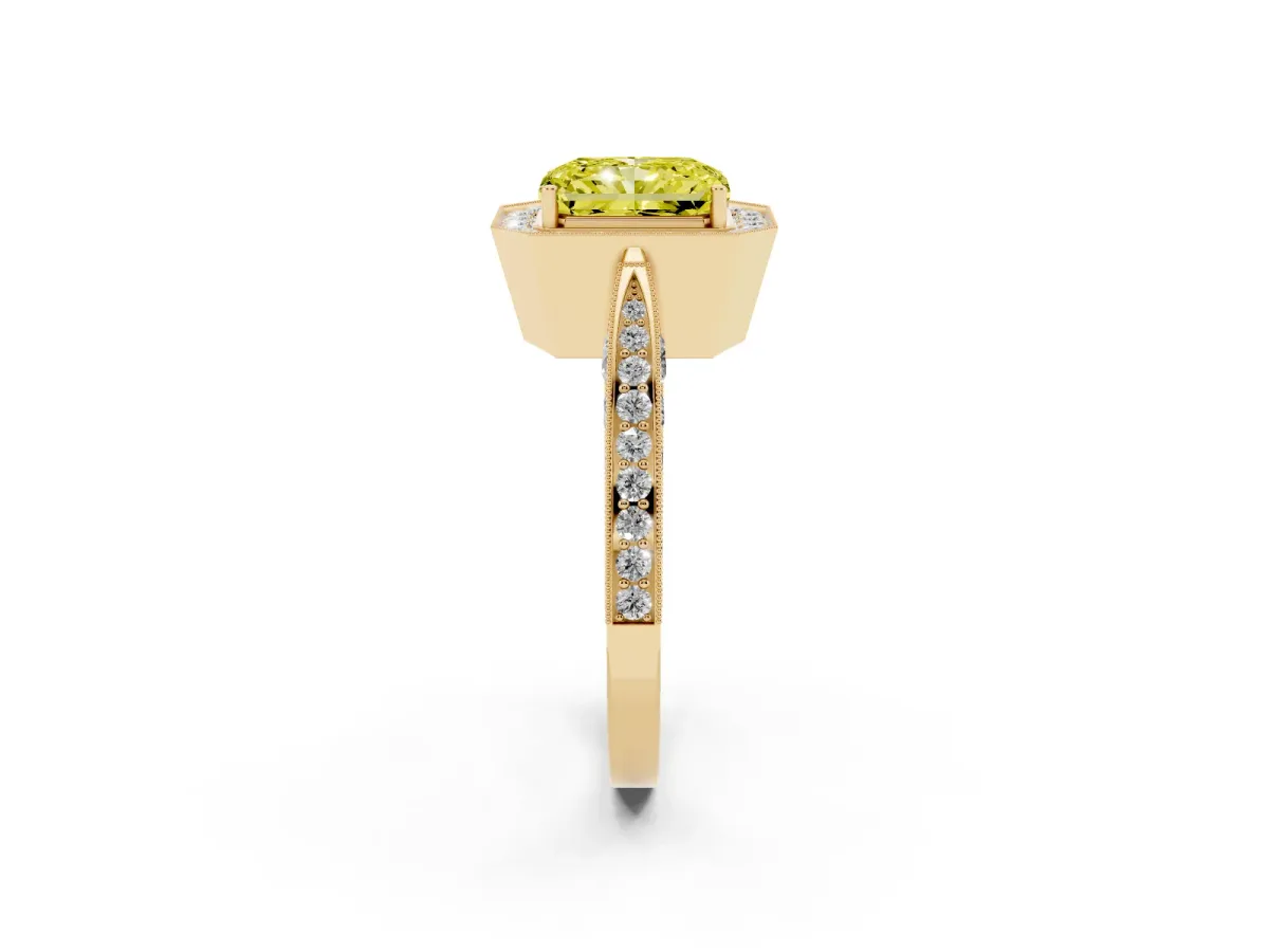 Fancy Yellow Radiant Cut Halo Diamond Engagement Ring with Split Shank Band and Four-Prong Setting Yellow gold