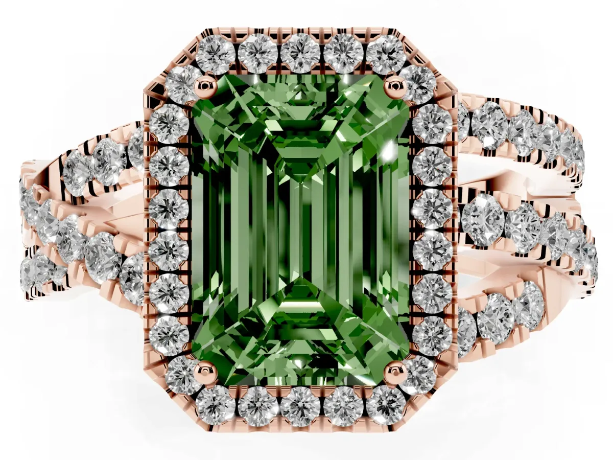 Fancy Green Emerald Cut Diamond Halo Ring with Round Split Shank and Prong Setting Rose gold