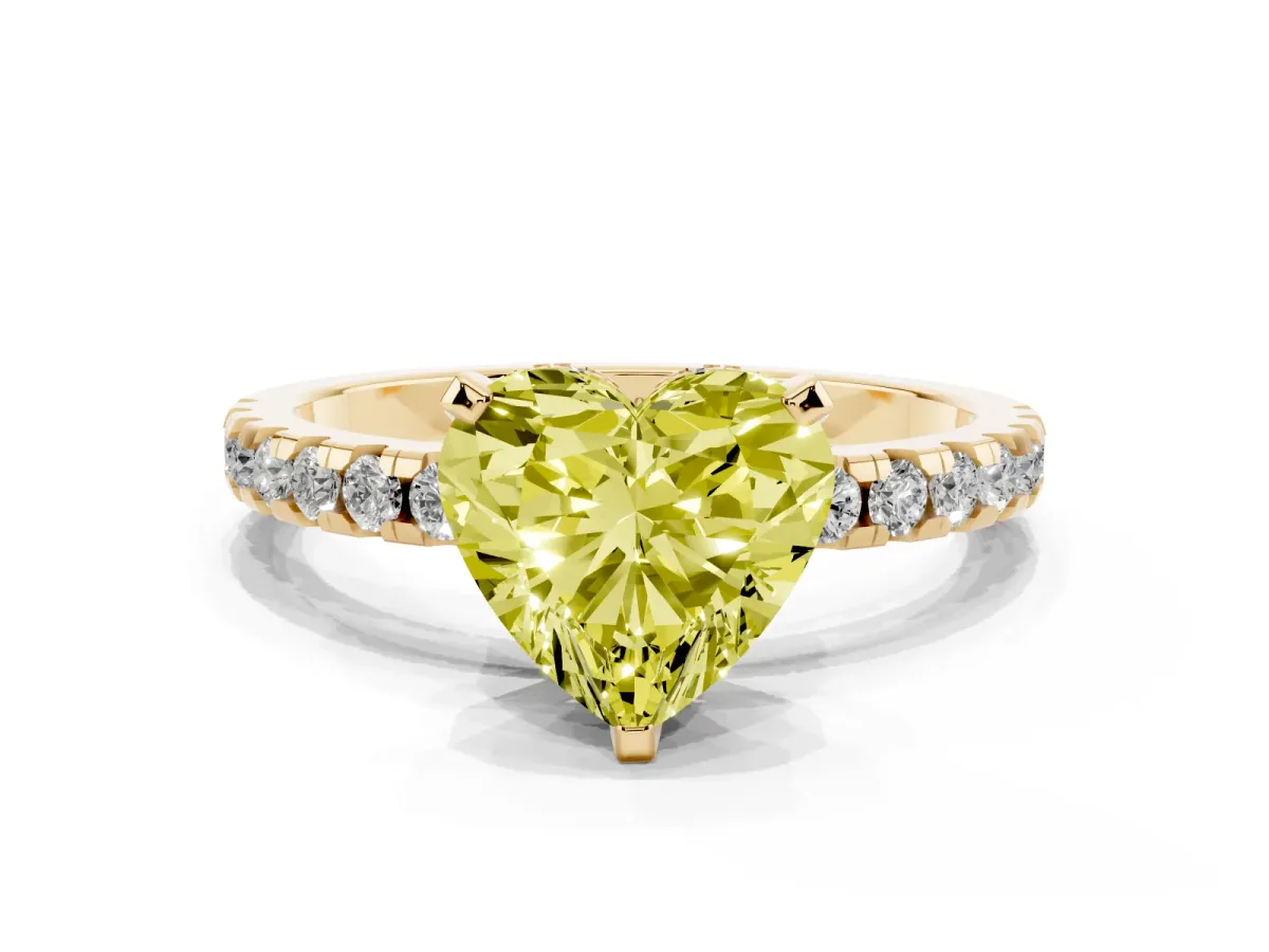 Fancy Yellow Heart Cut Diamond Solitaire Ring with Round Pavé Band and Four-Prong Setting Yellow gold