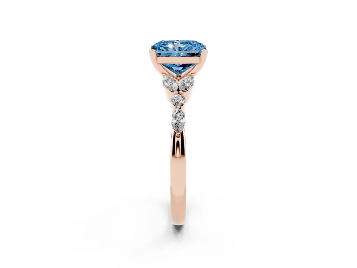 Fancy Blue Radiant Cut Diamond Solitaire Ring with Side Stones and Four-Prong Setting Rose gold