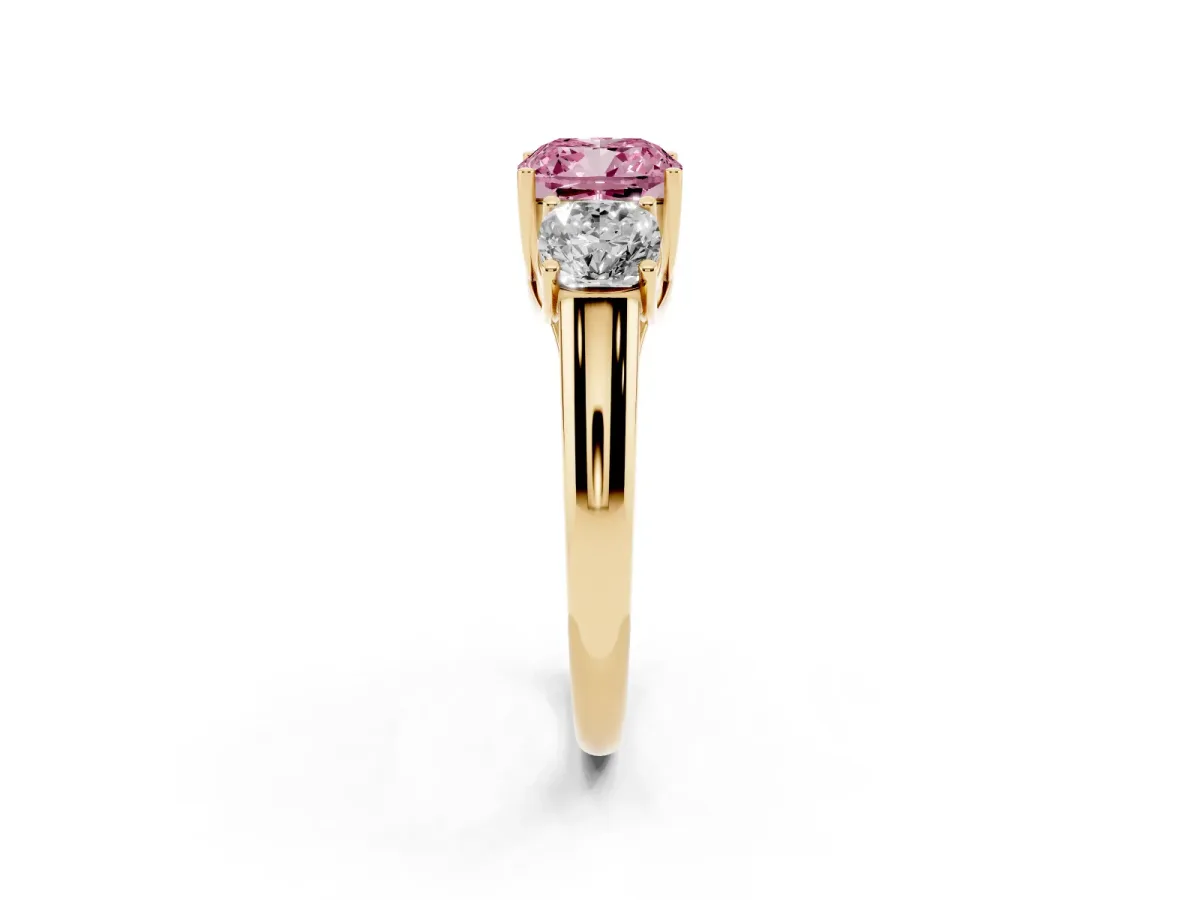 Fancy Pink Three-Stone Cushion Cut Diamond Engagement Ring with Prong Setting Yellow gold