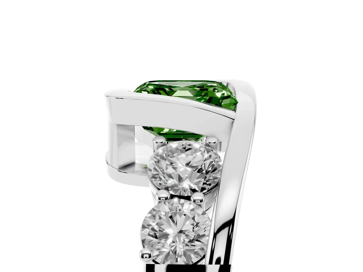 Fancy Green Bezel Set Asscher Cut Diamond Bypass Ring with Round Accents Silver