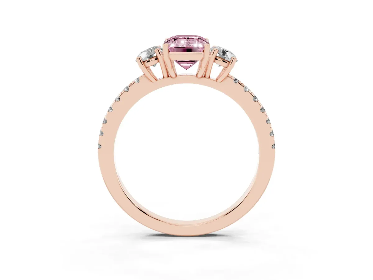 Fancy Pink Three-Stone Emerald Cut Cut Diamond Pavé Band with Prong Setting Rose gold