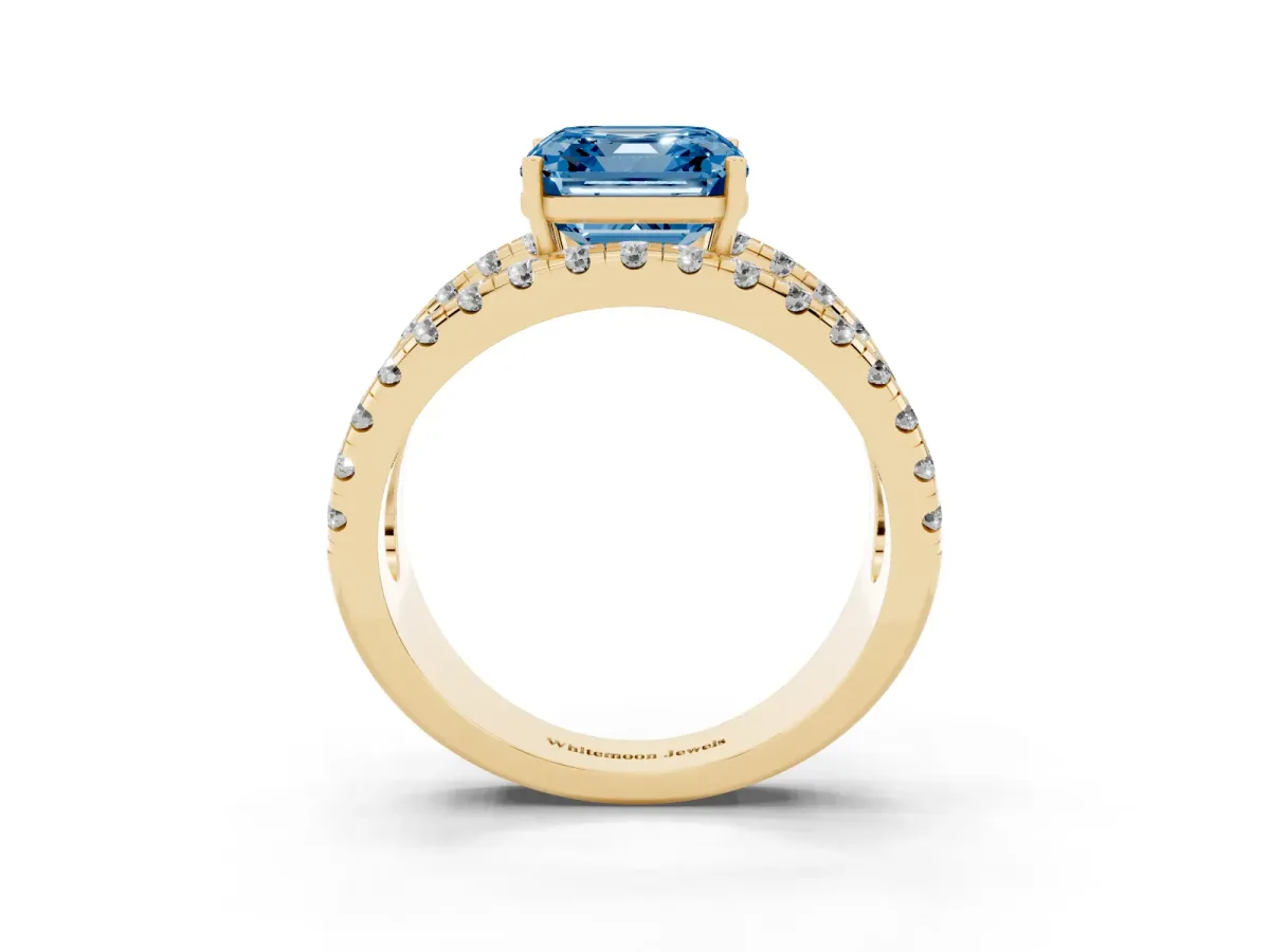 Fancy Blue Asscher Cut Solitaire Split Shank Pave Diamond Ring Yellow gold