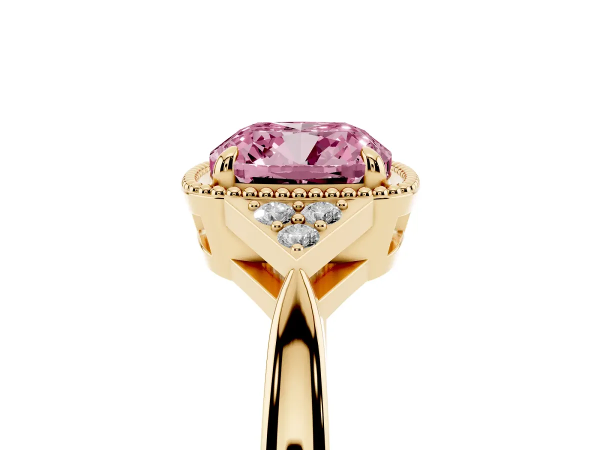 Fancy Pink Cushion Cut Diamond Halo Ring with Tapered Band and Four-Prong Setting Yellow gold