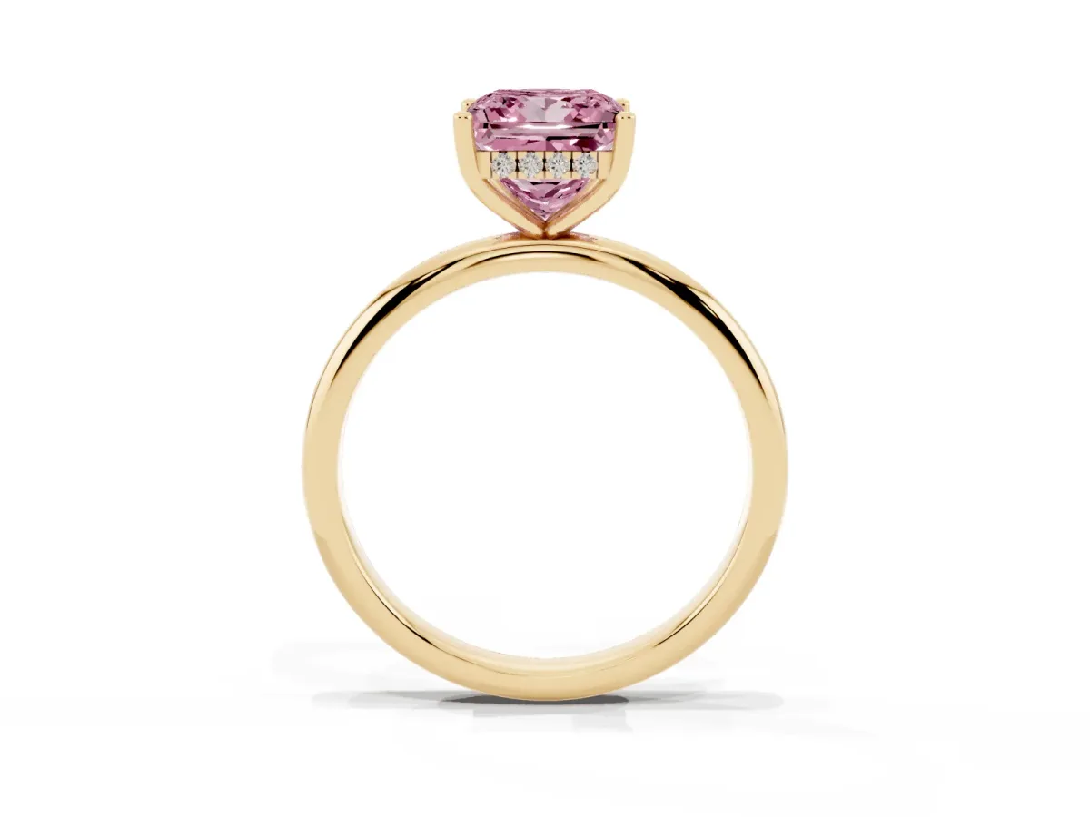 Fancy Pink Princess Cut Cut Solitaire Engagement Ring with Four-Prong Setting and Classic Band Yellow gold