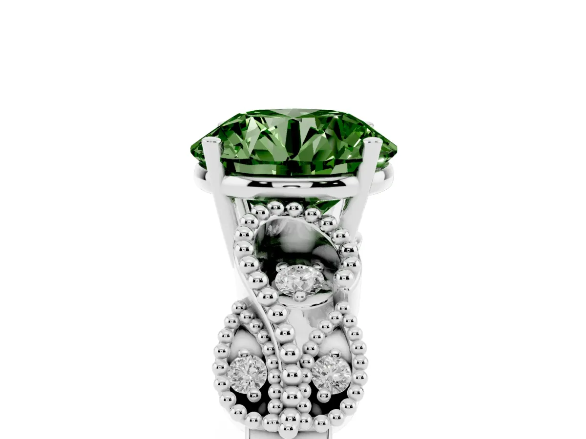 Fancy Green Round Cut Solitaire Milgrain Leaf Band with Prong Setting Silver